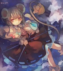 Rule 34 | 1girl, basket, capelet, cha goma, extra ears, grey hair, mouse (animal), mouse tail, nazrin, night, night sky, red eyes, rod, sky, tail, touhou