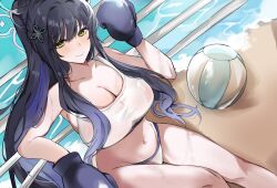 Rule 34 | 1girl, alternate costume, ball, beach, beachball, bikini, black hair, blue archive, boxing gloves, breasts, commission, green eyes, highres, large breasts, looking at viewer, ocean, sand, see-through, shun (blue archive), sitting, solo, swimsuit, twitter