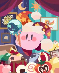 Rule 34 | aqua background, beam kirby, blue background, blue eyes, blush stickers, closed mouth, commentary request, copy ability, crescent, curtains, drawing (object), dyna blade, fighter kirby, food, frilled hat, frills, galactic nova, hat, heart, hitofutarai, holding, holding wand, invincible candy, jester cap, kirby, kirby (series), kirby super star, looking at viewer, nintendo, no humans, onigiri, orange hat, pink skirt, planet, pom pom (clothes), red footwear, red hat, shoes, skirt, smile, solo, star (symbol), star print, striped, striped background, sun, tomato, treasure chest, trophy, two-tone background, two-tone headwear, wand