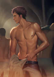 Rule 34 | 3boys, abs, back, black hair, changing clothes, changing room, jean kirstein, light brown hair, male focus, multicolored hair, multiple boys, navel, nipples, penguin frontier, shingeki no kyojin, topless male, short hair, solo focus, sweat, two-tone hair, undressing