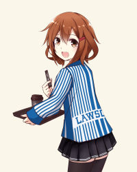 Rule 34 | 10s, 1girl, :d, alternate costume, black background, black skirt, black thighhighs, brown eyes, clerk, coffee cup, colis (regunm772), cowboy shot, cup, disposable cup, employee uniform, from behind, hair ornament, hairclip, highres, ikazuchi (kancolle), kantai collection, lawson, looking at viewer, looking back, open mouth, pleated skirt, short hair, simple background, skirt, smile, solo, thighhighs, tray, uniform
