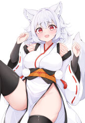 Rule 34 | 1girl, animal ears, black thighhighs, breasts, commentary request, fang, fingerless gloves, gloves, hair flaps, inubashiri momiji, japanese clothes, kimono, kourindou tengu costume, large breasts, long sleeves, looking at viewer, open mouth, red eyes, ribbon-trimmed sleeves, ribbon trim, rururiaru, short hair, simple background, skin fang, solo, tail, thighhighs, touhou, white background, white hair, white kimono, wide sleeves, wolf ears, wolf girl, wolf tail