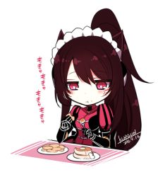 Rule 34 | 1girl, :t, blush, bright pupils, brown hair, chibi, commentary request, cookie, dated, eating, food, fork, headdress, holding, holding fork, konshin, original, pancake, plate, ponytail, red eyes, signature, simple background, solo, white background