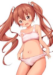 Rule 34 | :d, bare arms, bare shoulders, blush, bow, bow panties, bra, brown eyes, brown hair, collarbone, commentary request, cowboy shot, dark-skinned female, dark skin, fang, frontal wedgie, groin, hair between eyes, hair bow, highres, kantai collection, libeccio (kancolle), long hair, looking at viewer, mochiyuki, navel, open mouth, panties, panty lift, polka dot, polka dot bow, simple background, smile, solo, strapless, striped clothes, striped panties, twintails, underwear, underwear only, very long hair, wedgie, white background, white bow, white bra