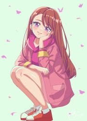 Rule 34 | 1girl, blush, brown hair, bug, butterfly, commentary request, hand on own cheek, hand on own face, highres, hijiri ageha, hirogaru sky! precure, hood, hoodie, insect, jacket, jacket over hoodie, long hair, mochico bb, open clothes, open jacket, pink butterfly, pink hoodie, pink jacket, precure, purple eyes, red footwear, solo