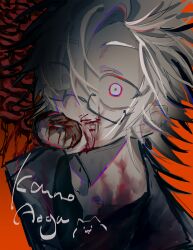 Rule 34 | 1boy, absurdres, alternate eye color, black shirt, blood, blood on clothes, blood on face, blood on neck, buyao a buyao, character name, commentary, constricted pupils, doughnut, food, food in mouth, glasses, highres, kanou aogu, male focus, rectangular eyewear, red pupils, saibou shinkyoku, semi-rimless eyewear, shirt, short hair, sketch, solo, white eyes, white hair