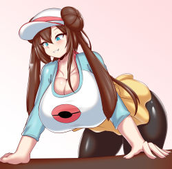 Rule 34 | 1girl, aqua eyes, bent over, blush, breasts, brown hair, cleavage, collarbone, creatures (company), curvy, double bun, game freak, hair bun, highres, huge breasts, large breasts, long hair, long sleeves, looking at viewer, nintendo, pantyhose, pokemon, pokemon bw2, raglan sleeves, rosa (pokemon), short shorts, shorts, smile, solo, tailzkim, thick thighs, thighs, twintails, visor cap, wide hips, yellow shorts