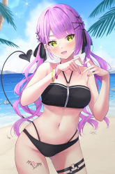 Rule 34 | 1girl, :d, beach, bikini, black bikini, blue sky, breasts, cloud, contrapposto, day, demon tail, fangs, green eyes, heart, heart hands, highres, hololive, multi-strapped bikini, multicolored nails, nail polish, o-ring, o-ring thigh strap, open mouth, outdoors, primamiya, purple hair, sky, smile, solo, swimsuit, tail, thigh strap, tokoyami towa, virtual youtuber