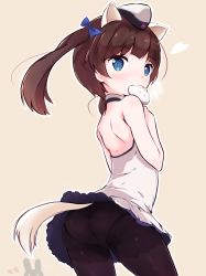 Rule 34 | 1girl, absurdres, animal ears, ass, black pantyhose, blue eyes, blush, brave witches, brown hair, food, food in mouth, georgette lemare, hair ornament, hair ribbon, hat, heart, highres, looking back, panties, panties under pantyhose, pantyhose, ribbon, simple background, skirt, solo, tail, twintails, underwear, world witches series