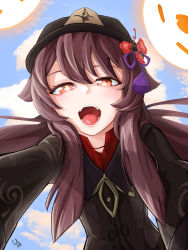 Rule 34 | 1girl, absurdres, artist name, black hat, blue sky, brooch, brown hair, chinese clothes, coat, collared coat, collared shirt, commentary request, day, flat chest, flower, flower-shaped pupils, genshin impact, ghost, hat, hat flower, hat ornament, highres, hu tao (genshin impact), incoming hug, jewelry, long sleeves, looking at viewer, open mouth, outdoors, plum blossoms, ponytail, poolpool, porkpie hat, red eyes, red shirt, shirt, shorts, signature, sky, solo, symbol-shaped pupils, teeth, tongue, twintails, upper body