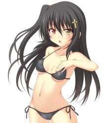 Rule 34 | 1girl, arm behind back, bare shoulders, bikini, black bikini, black hair, blush, breasts, cross, cross hair ornament, covered erect nipples, hair ornament, hand on own chest, heterochromia, highres, long hair, looking at viewer, minatsuki nao, navel, one side up, open mouth, original, red eyes, side-tie bikini bottom, small breasts, solo, swimsuit, white background, yellow eyes
