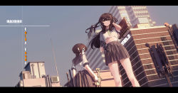 Rule 34 | 2girls, absurdres, air conditioner, antenna mast, arm up, artist name, bare legs, black hair, blue eyes, brown hair, building, cityscape, clear sky, commentary, day, english commentary, facing away, facing viewer, green eyes, gun, half updo, hand in own hair, highres, holding, holding weapon, letterboxed, long hair, looking at viewer, machinery, midriff peek, multiple girls, navel, on roof, original, school uniform, short hair, side ponytail, sky, skyscraper, weapon, yigali xinji