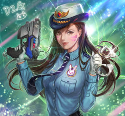 Rule 34 | 1girl, abstract background, animal print, backlighting, bad id, bad pixiv id, blue shirt, breast pocket, breasts, brown eyes, brown hair, charm (object), collared shirt, cuffs, d.va (overwatch), facepaint, facial mark, female service cap, finger on trigger, glint, gloves, green background, gun, handcuffs, handgun, holding, holding gun, holding weapon, light particles, light rays, lips, long hair, long sleeves, looking at viewer, necktie, nose, officer d.va, official alternate costume, overwatch, overwatch 1, patch, pink lips, pistol, pocket, rabbit print, shirt, signature, small breasts, smile, solo, striped necktie, striped neckwear, swept bangs, ttaji (pass35), upper body, weapon, whisker markings, white gloves