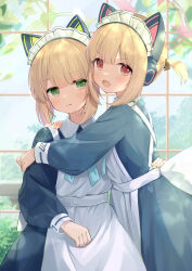 Rule 34 | 2girls, alternate costume, animal ear headphones, animal ears, apron, aqua ribbon, black dress, blonde hair, blue archive, blue bow, blush, bow, cat ear headphones, cat tail, commentary request, dress, enmaided, fake animal ears, green eyes, hair bow, halo, headphones, highres, looking at viewer, maid, maid apron, maid headdress, midori (blue archive), midori (maid) (blue archive), mogumogumo 0, momoi (blue archive), momoi (maid) (blue archive), multiple girls, neck ribbon, partial commentary, red eyes, ribbon, short hair, short twintails, siblings, sisters, tail, twins, twintails