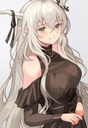 Rule 34 | 1girl, arknights, bare shoulders, black dress, black ribbon, clothing cutout, commentary request, dress, grey background, grey eyes, grey hair, highres, horn ornament, horn ribbon, horns, long hair, long sleeves, looking at viewer, official alternate costume, ribbon, shining (arknights), shoulder cutout, simple background, smile, solo, touchika, upper body, very long hair