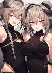 Rule 34 | 1boy, 1girl, bare arms, bare shoulders, black leotard, braid, breasts, brown hair, cleavage, cleavage cutout, clothing cutout, commission, gold trim, hand up, highres, horns, kinsenka momi, large breasts, leotard, long hair, looking at viewer, purple eyes, short hair, skeb commission, tongue, tongue out, twintails, upper body, vrchat