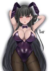 Rule 34 | 1girl, absurdres, animal ears, arms behind head, black hair, black leotard, black pantyhose, blue archive, blunt bangs, bow, bowtie, breasts, covered navel, cowboy shot, detached collar, half updo, highres, large breasts, leotard, long hair, lyska27, pantyhose, playboy bunny, rabbit ears, red eyes, rio (blue archive), simple background, standing, strapless, strapless leotard, thighband pantyhose, white background