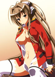 Rule 34 | 10s, 1girl, aiguillette, amagi brilliant park, antenna hair, arm support, blush, breasts, brown eyes, brown hair, curvy, gradient background, highres, ka2, large breasts, long hair, long sleeves, looking at viewer, navel, no bra, open clothes, open shirt, orange background, sento isuzu, shirt, sitting, solo, thighhighs, very long hair, white thighhighs