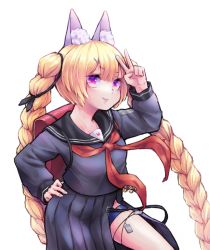 Rule 34 | 1girl, 28 (282teeth), absurdres, animal ear fluff, animal ears, backpack, bad id, bad pixiv id, bag, blonde hair, braid, commentary request, girls&#039; frontline, hand on own hip, highres, long hair, long sleeves, looking at viewer, neckerchief, official alternate costume, parted lips, pleated skirt, purple eyes, randoseru, red neckerchief, sailor collar, school uniform, serafuku, simple background, skirt, solo, sr-3mp (commando bunny) (girls&#039; frontline), sr-3mp (girls&#039; frontline), twin braids, twintails, v, very long hair, white background