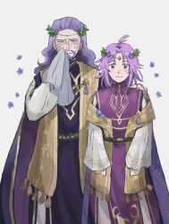 Rule 34 | 2boys, arm around shoulder, beard, cape, cho yoy, circlet, closed mouth, crying, facial hair, father and son, fire emblem, fire emblem: the sacred stones, fire emblem heroes, flower, hair flower, hair ornament, handkerchief, highres, holding, holding handkerchief, long hair, long sleeves, looking at viewer, lyon (fire emblem), lyon (valentine) (fire emblem), medium hair, multiple boys, nintendo, official alternate costume, purple cape, purple eyes, purple hair, smile, tears, vigarde (fire emblem), vigarde (valentine) (fire emblem), white background, wide sleeves