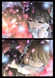 Rule 34 | 2girls, blonde hair, bow, brown hair, crying, crying with eyes open, disintegration, closed eyes, frilled bow, frills, hair bow, hakurei reimu, highres, hug, long hair, long sleeves, multiple girls, open mouth, osana reimu, otomeza ryuseigun, ponytail, red bow, rumia, talisman, tears, teeth, touhou, upper body