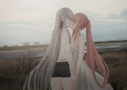 Rule 34 | 2girls, ass, bare arms, bare shoulders, black ribbon, black shorts, blue sky, breasts, brown eyes, building, chihuri, choker, cloud, commentary request, day, dress, ear piercing, earrings, french kiss, grey eyes, grey hair, hair between eyes, hair ribbon, holding hands, jewelry, kiss, long hair, medium breasts, multiple girls, original, outdoors, piercing, pink hair, ponytail, profile, ribbon, river, shirt, short shorts, shorts, sky, sleeveless, sleeveless dress, stud earrings, very long hair, water, white choker, white dress, white shirt, yana (chihuri), yuri, zoya petrovna vecheslova