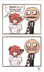 Rule 34 | 1boy, 1girl, a.b.a, bags under eyes, bride, dress, groom, guilty gear, guilty gear xx, hair over one eye, highres, key in head, machitoons, object through head, paracelsus (guilty gear), red hair, short hair, smile, stitched mouth, stitches, tuxedo, wedding, wedding dress
