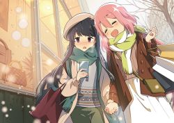 Rule 34 | 2girls, bag, beret, blue hair, blush, building, cellphone, cloud, cloudy sky, commentary, couple, embarrassed, closed eyes, holding hands, handbag, hat, highres, holding, holding phone, hotaru iori, jacket, kagamihara nadeshiko, long hair, looking at phone, looking to the side, medium hair, multiple girls, open mouth, outdoors, pants, phone, pink hair, purple eyes, scarf, second-party source, shima rin, shirt, shop, shopping bag, skirt, sky, smartphone, smile, snow, storefront, tree, walking, window, winter, yuri, yurucamp
