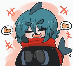 Rule 34 | +++, 1girl, :d, black gloves, black jacket, blue hair, blush, commentary request, facing viewer, fins, fish tail, fuka-chan, gloves, grey background, hair between eyes, heart, highres, jacket, long sleeves, open mouth, original, red scarf, scarf, shark tail, sharp teeth, short eyebrows, smile, solo, spoken heart, tail, teeth, thick eyebrows, uni souchou, upper body