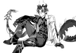 Rule 34 | 1boy, 3000zialg, arknights, chong yue (alighting) (arknights), chong yue (arknights), closed mouth, collared jacket, dragon boy, dragon horns, dragon tail, earrings, elbow on knee, foot out of frame, greyscale, highres, horns, jacket, jewelry, knee up, long sleeves, looking at viewer, male focus, monochrome, multicolored hair, open clothes, open jacket, pants, pointy ears, ribbon, shoes, short hair, simple background, sitting, smile, solo, streaked hair, tail, tail ornament, tail ribbon, thigh strap, very long tail, white background