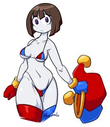 Rule 34 | 1girl, 2024, bikini, breasts, brown hair, cleavage, colored skin, curvy, dahs, dated, empty eyes, gloves, grey skin, hat, highleg, highleg bikini, highres, jester, jester cap, multicolored eyes, navel, pomni (the amazing digital circus), shiny skin, short hair, signature, simple background, swimsuit, the amazing digital circus, thong, thong bikini, two-tone bikini, two-tone eyes, two-tone gloves, unworn headwear, white background, wide hips