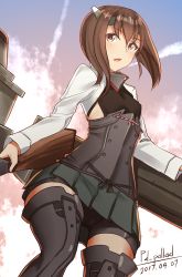 Rule 34 | 10s, 1girl, artist name, bad id, bad pixiv id, bike shorts, boots, bow (weapon), brown eyes, brown hair, contrail, crossbow, dated, day, floating hair, green skirt, grey footwear, hair between eyes, headband, headgear, kantai collection, long sleeves, looking away, machinery, muneate, open mouth, outdoors, pallad, pleated skirt, shiny clothes, shiny skin, shirt, short hair, signature, skirt, solo, standing, taihou (kancolle), thigh boots, thighhighs, weapon, white shirt, wind