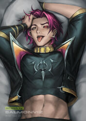 Rule 34 | 1boy, abs, bed sheet, heartsteel (league of legends), heartsteel kayn, highres, kayn (league of legends), league of legends, looking at viewer, male focus, mature male, midriff peek, muscular, muscular male, on bed, purple hair, red eyes, salmonviz, tongue, tongue out
