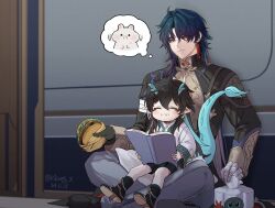 2boys :i ^_^ aged_down ahoge aqua_hair aqua_horns aqua_tail artist_name bandaged_arm bandaged_hand bandages bandages_over_clothes black_footwear black_gloves black_hair black_jacket black_shorts blade_(honkai:_star_rail) blue_hair blush book boots burger child closed_eyes closed_mouth commentary_request critter_pick_(honkai:_star_rail) dan_heng_(honkai:_star_rail) dan_heng_(imbibitor_lunae)_(honkai:_star_rail) dan_heng_(rice_dumpling)_(honkai:_star_rail) dated door dragon_boy dragon_horns dragon_tail earrings eastern_dragon_horns eastern_dragon_tail eating eyeliner food food_on_face gloves gold_earrings gold_trim gradient_hair grey_pants hair_between_eyes hair_intakes hair_over_one_eye hamster highres holding holding_book holding_burger holding_food honkai:_star_rail honkai_(series) horns indoors jacket jewelry kkong_x korean_commentary long_hair long_sleeves makeup male_focus multicolored_hair multiple_boys napkin on_floor open_book pants parted_bangs pointy_ears red_eyeliner red_eyes red_hair shirt short_shorts shorts sidelocks single_earring single_glove sitting sitting_on_lap sitting_on_person speech_bubble tail thought_bubble twitter_username very_long_hair white_shirt wide_sleeves