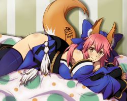 Rule 34 | 10s, 1girl, animal ears, blue thighhighs, blush, bow, breasts, detached sleeves, fate/extra, fate/extra ccc, fate/grand order, fate (series), fox ears, fox tail, hair bow, hair ribbon, huge breasts, japanese clothes, lying, maroonabyss, on side, pink hair, ribbon, smile, solo, tail, tamamo no mae (fate/extra), thighhighs, yellow eyes