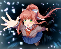 1girl blazer blue_skirt blush brown_hair doki_doki_literature_club floating floating_hair flying green_eyes hosobozo_(user_jtzh8832) jacket monika_(doki_doki_literature_club) ponytail reaching reaching_towards_viewer ribbon school_uniform skirt space white_ribbon