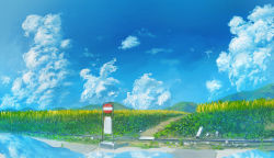Rule 34 | again8120, blue sky, cloud, commentary request, day, highres, mountainous horizon, no humans, original, outdoors, puddle, reflection, rice paddy, road sign, scenery, sign, sky, stop sign