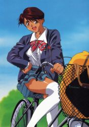 Rule 34 | 1990s (style), 1girl, :d, bicycle, bicycle basket, blazer, brown eyes, brown hair, dark-skinned female, dark skin, day, hand on own hip, highres, jacket, long sleeves, looking at viewer, official art, open clothes, open jacket, open mouth, outdoors, over-kneehighs, plaid, plaid skirt, pleated skirt, retro artstyle, short hair, skirt, smile, solo, super real mahjong, tanaka ryou, thighhighs, toono mizuki, white thighhighs