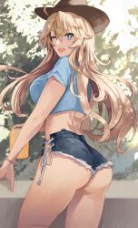 Rule 34 | 1girl, ahoge, ass, blonde hair, blue eyes, blue shirt, blue shorts, blush, breasts, brown hat, can, commentary request, cowboy hat, crop top, denim, denim shorts, hair between eyes, hat, highres, holding, holding can, iowa (kancolle), kantai collection, kasumi (skchkko), large breasts, long hair, looking at viewer, looking back, micro shorts, one eye closed, open mouth, shirt, short shorts, short sleeves, shorts, smile, solo, star-shaped pupils, star (symbol), symbol-shaped pupils, teeth, underbutt, upper teeth only