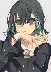 Rule 34 | 1girl, black eyes, black hair, closed mouth, colored inner hair, earrings, gradient background, green hair, grey background, hand up, highres, inverted watch, jewelry, long sleeves, looking at viewer, multicolored hair, multiple earrings, original, solo, tokiwata soul, watch