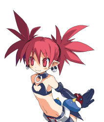 Rule 34 | 1girl, :3, arm strap, arms behind back, bandeau, bare shoulders, belt, black gloves, black skirt, blush stickers, buckle, child, choker, closed mouth, collar, cowboy shot, demon girl, disgaea, earrings, elbow gloves, etna (disgaea), female focus, flat chest, from side, gloves, hair between eyes, hair tie, harada takehito, highres, jewelry, leaning forward, light smile, looking to the side, makai senki disgaea 2, midriff, miniskirt, navel, official art, pointy ears, prinny, red eyes, red hair, short twintails, side slit, simple background, skirt, skull earrings, slit pupils, smile, solo, spiked hair, studded bracelet, twintails, watermark, white background