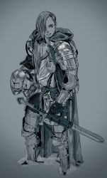 Rule 34 | 1boy, armor, blue theme, breastplate, cape, gradient background, greaves, greyscale, hair over one eye, hatching (texture), unworn headwear, helmet, unworn helmet, holding, holding helmet, hood, hood down, hooded cape, knight, male focus, monochrome, original, parted lips, pauldrons, scabbard, scratches, sheath, sheathed, shoulder armor, solo, standing, sword, vambraces, weapon, yan (age0614)
