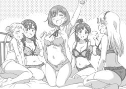 Rule 34 | 5girls, arashi chisato, arm up, ass, asymmetrical bangs, barefoot, bed, blush, bow, bow panties, bra, breasts, camisole, cleavage, closed eyes, double bun, glass, greyscale, hair bun, hair ornament, hazuki ren, headband, heanna sumire, hug, lace, lace-trimmed bra, lace-trimmed panties, lace trim, large breasts, lingerie, love live!, love live! superstar!!, marugoshi teppei, medium breasts, medium hair, monochrome, multiple girls, navel, panties, ponytail, shibuya kanon, short hair, simple background, small breasts, tang keke, thighhighs, thighs, tight clothes, underwear