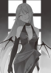 Rule 34 | 1girl, :d, azuuru, blurry, blurry background, breasts, choker, cleavage, collarbone, cowboy shot, demon wings, dress, elbow gloves, gloves, greyscale, head tilt, highres, long hair, looking at viewer, lucela (majo no tabitabi), majo no tabitabi, medium breasts, monochrome, novel illustration, official art, open mouth, pointy ears, side slit, sleeveless, sleeveless dress, slit pupils, smile, solo, standing, straight hair, very long hair, wings