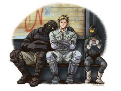 Rule 34 | 3boys, aikawa (dorohedoro), bad id, bad twitter id, bench, black hair, blonde hair, character request, couple, crossed arms, dorohedoro, full body, gloves, hair over shoulder, hand on another&#039;s shoulder, helmet, looking at another, male focus, multicolored hair, multiple boys, risu&#039;s classmate (dorohedoro), risu (dorohedoro), shoes, short hair, sleeping, sleeping on person, sleeping upright, steel peach, tattoo, two-tone hair