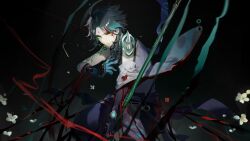 Rule 34 | 1boy, arm tattoo, bead necklace, beads, black hair, blood, blood on face, closed mouth, facial mark, flower, forehead mark, genshin impact, gloves, green hair, highres, holding, holding polearm, holding weapon, jewelry, male focus, multicolored hair, necklace, polearm, shui ran moon, solo, spikes, tattoo, vision (genshin impact), weapon, white flower, xiao (genshin impact), yellow eyes