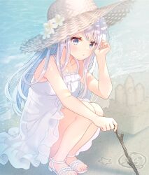 Rule 34 | 1girl, bare arms, breasts, character request, copyright request, dress, flower, frilled dress, frills, full body, grey eyes, hand in own hair, hat, hat flower, holding, holding stick, long hair, parted lips, sand castle, sand sculpture, sandals, serino itsuki, sitting, sleeveless, sleeveless dress, small breasts, solo, stick, straw hat, sundress, toenails, toes, white dress, white flower, white footwear, white hair