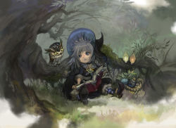 Rule 34 | 1girl, bad id, bad pixiv id, basket, bird, blue eyes, book, bottle, braid, child, freckles, grass, grey hair, hat, highres, hong yun ji, open mouth, original, owl, sitting, solo, tree, witch, witch hat