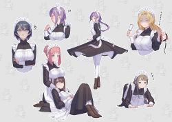 Rule 34 | 6+girls, all fours, animal collar, apron, arms under breasts, black dress, blonde hair, blush, boots, borrowed character, breast rest, breasts, breasts on head, brown eyes, brown footwear, brown hair, closed mouth, collar, crossed arms, disgust, dress, eyewear on head, flying sweatdrops, furrowed brow, glass, green eyes, highres, holding, holding collar, holding own hair, holding rattle, kazu no reason, large breasts, long hair, long sleeves, looking at viewer, low ponytail, maid, maid apron, maid headdress, medium breasts, multiple girls, multiple views, original, pantyhose, pink hair, purple hair, rattle, shaded face, short hair, smile, white pantyhose