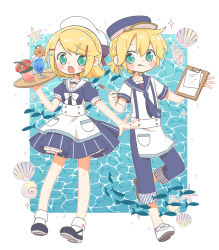 Rule 34 | 1boy, 1girl, :o, :p, anchor print, aqua eyes, blonde hair, blue collar, blue dress, blue headwear, chibi, clam shell, clipboard, collar, commentary, dress, fang, fish, flower, full body, hair ornament, hairclip, hat, highres, holding, holding pen, holding tray, innertube, kagamine len, kagamine rin, looking at viewer, najo, necktie, ocean, open mouth, pen, sailor collar, sailor dress, sailor hat, seashell, shell, shirt, short hair, short ponytail, short sleeves, sparkle, starfish, swept bangs, swim ring, tongue, tongue out, tray, tropical drink, vocaloid, waiter, waitress, white collar, white headwear, white shirt